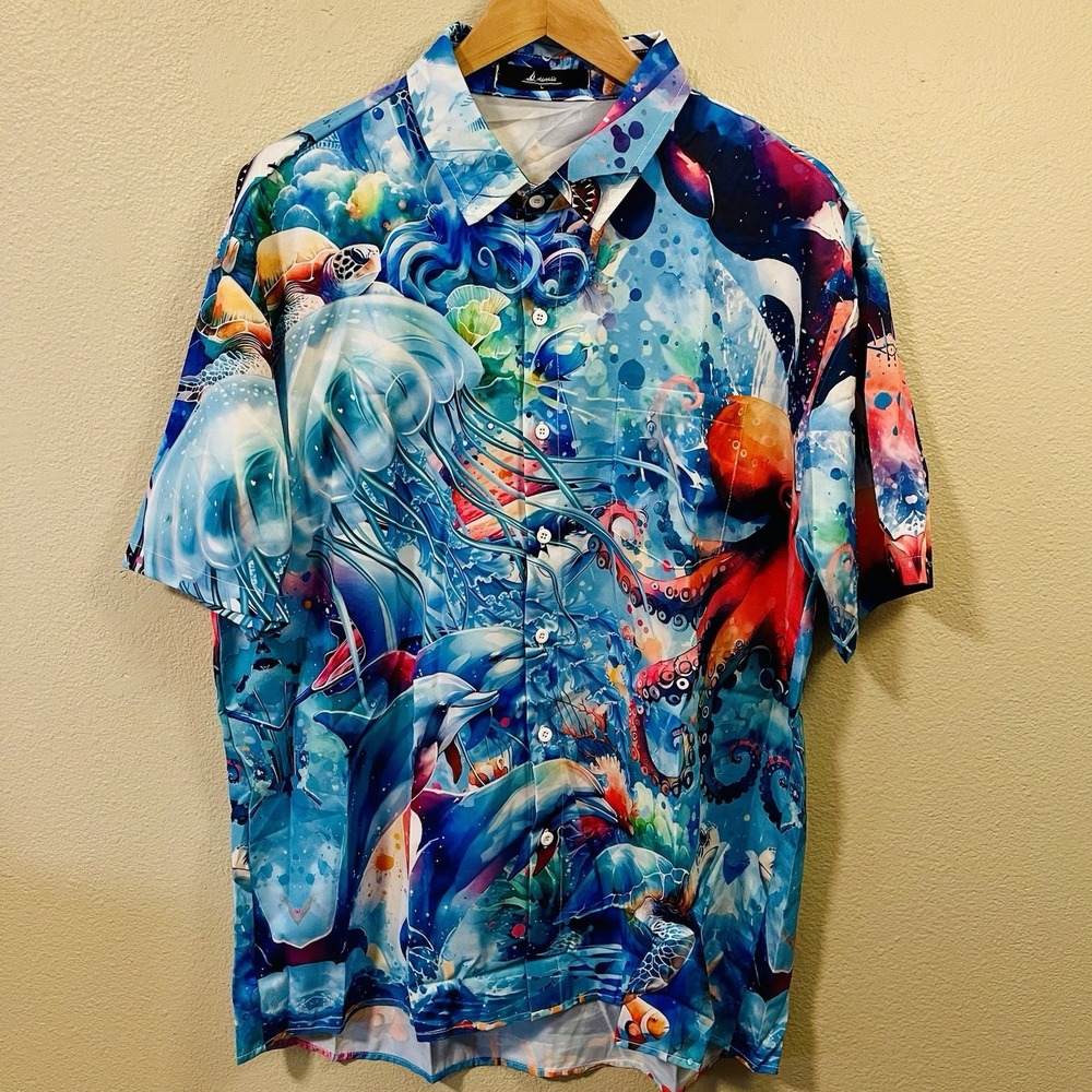 Adaychic Short Sleeve Button Up Hawaii Shirt Vibrant‎ Marine Life Print Men's L